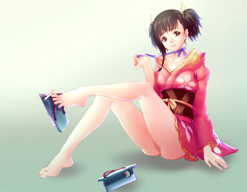 1girl, absurdres, black_hair, brown_eyes, collarbone, full_body, hair_ribbon, highres, japanese_clothes, kimono, koutetsujou_no_kabaneri, long_hair, melonplus, mumei_(kabaneri), purple_ribbon, ribbon, shoe_dangle, short_hair, short_kimono, short_twintails, short_yukata, single_shoe, sitting, solo, twintails, yellow_ribbon, yukata
