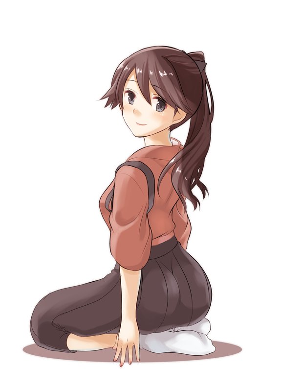 1girl, ass, black_eyes, black_hair, commentary_request, full_body, hakama, hakama_skirt
