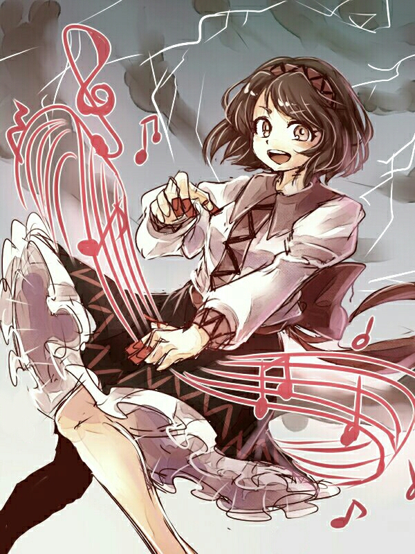 1girl, brown_eyes, brown_hair, hairband, instrument, juliet_sleeves, koto_(instrument), lightning
