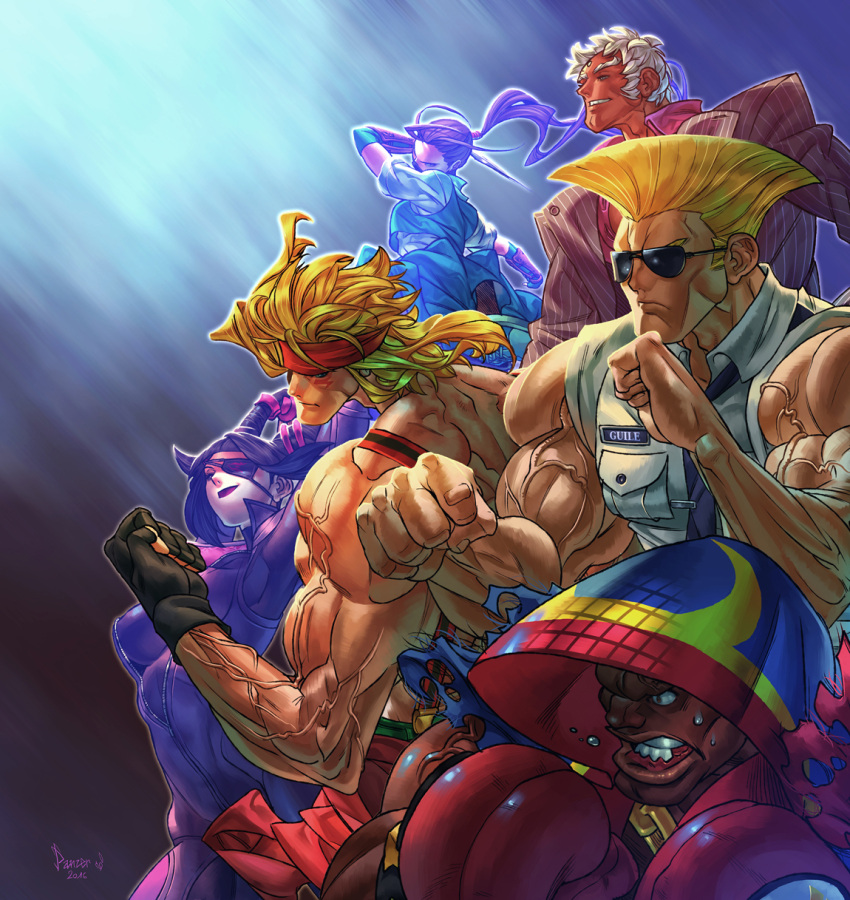 2girls, 4boys, alex_(street_fighter), arm_guards, biceps, black_hair, blonde_hair, boxing_gloves