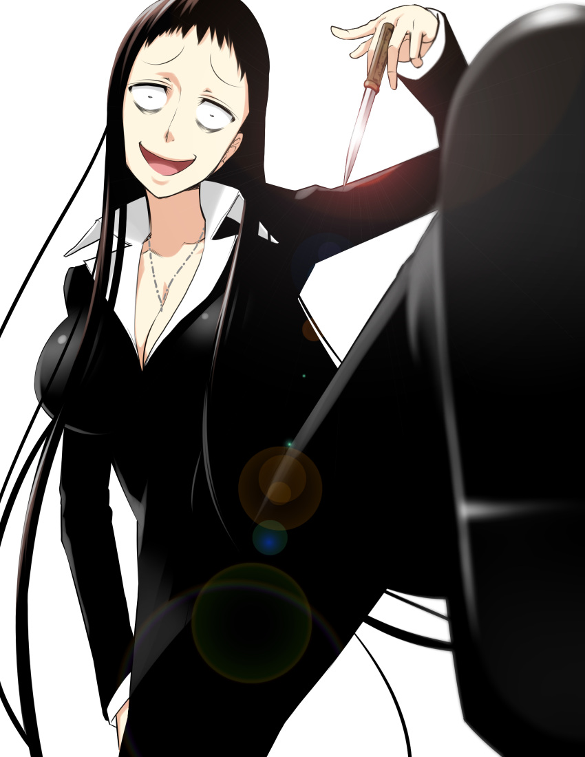 1girl, bags_under_eyes, bangs, black_hair, breasts, cleavage, crazy_eyes, formal