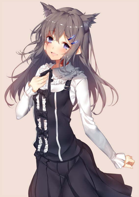 1girl, animal_ears, black_hair, blue_eyes, blush, burn_scar, cat_ears, cowboy_shot