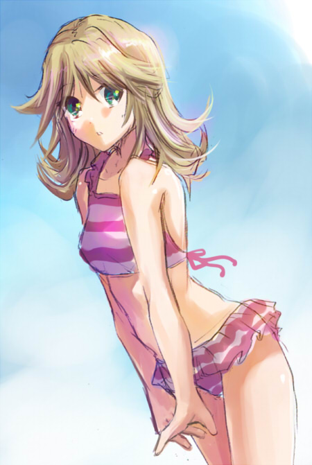 bikini, blonde_hair, enomoto_yuu, green_eyes, hatsukoi_limited, long_hair, shimaji, striped