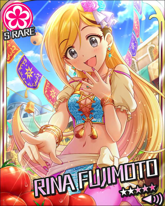 1girl, :d, arabian_architecture, arabian_clothes, artist_request, bangs, black_eyes, blonde_hair