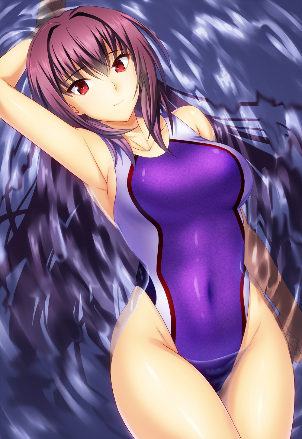 1girl, afloat, arm_at_side, arm_up, armpits, bare_arms, bare_shoulders, blush