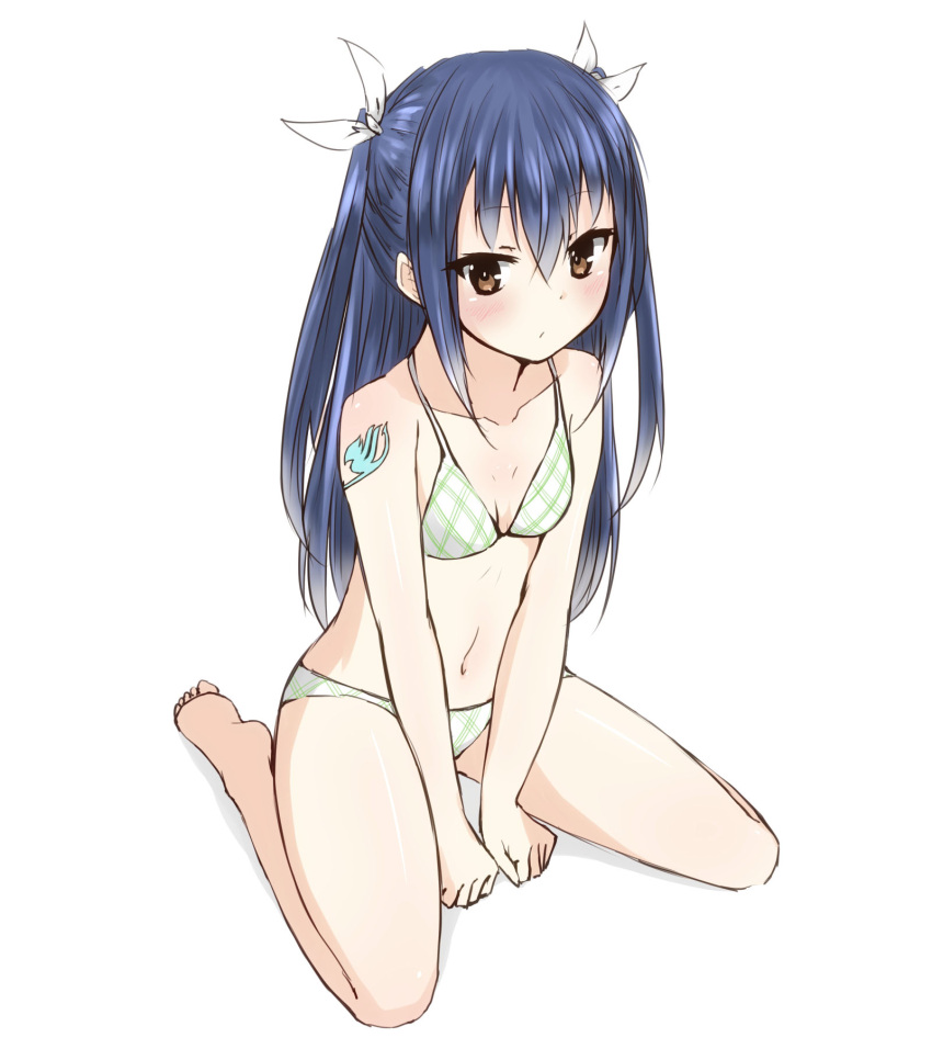 1girl, arute_arisu, barefoot, blue_hair, brown_eyes, fairy_tail, full_body, highres, long_hair, sitting, twintails, two_side_up, wariza, wendy_marvell