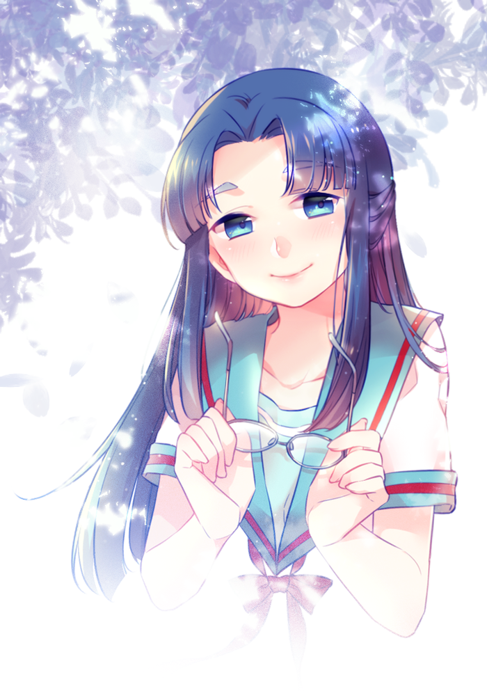 1girl, asakura_ryouko, baronet, blue_eyes, blue_hair, blush, collarbone, eyebrows