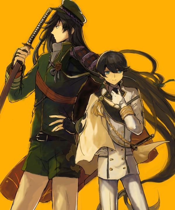 2boys, adjusting_clothes, adjusting_necktie, armor, black_hair, blue_eyes, braid, cape