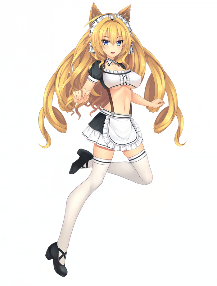 1girl, ahoge, animal_ears, apron, blonde_hair, blue_eyes, breasts, bustier, cat_ears, frills, full_body, hair_intakes, leg_up, long_hair, looking_at_viewer, maid, maid_headdress, miniskirt, open_mouth, revealing_clothes, ringlets, skirt, solo, suspender_skirt, suspenders, thigh-highs, ti-tang, under_boob, very_long_hair, white_background, white_legwear, wichita_(zhan_jian_shao_nyu), zettai_ryouiki, zhan_jian_shao_nyu