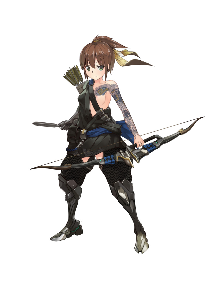 1girl, arrow, bow_(weapon), brown_hair, frown, full_body, genderswap, genderswap_(mtf)