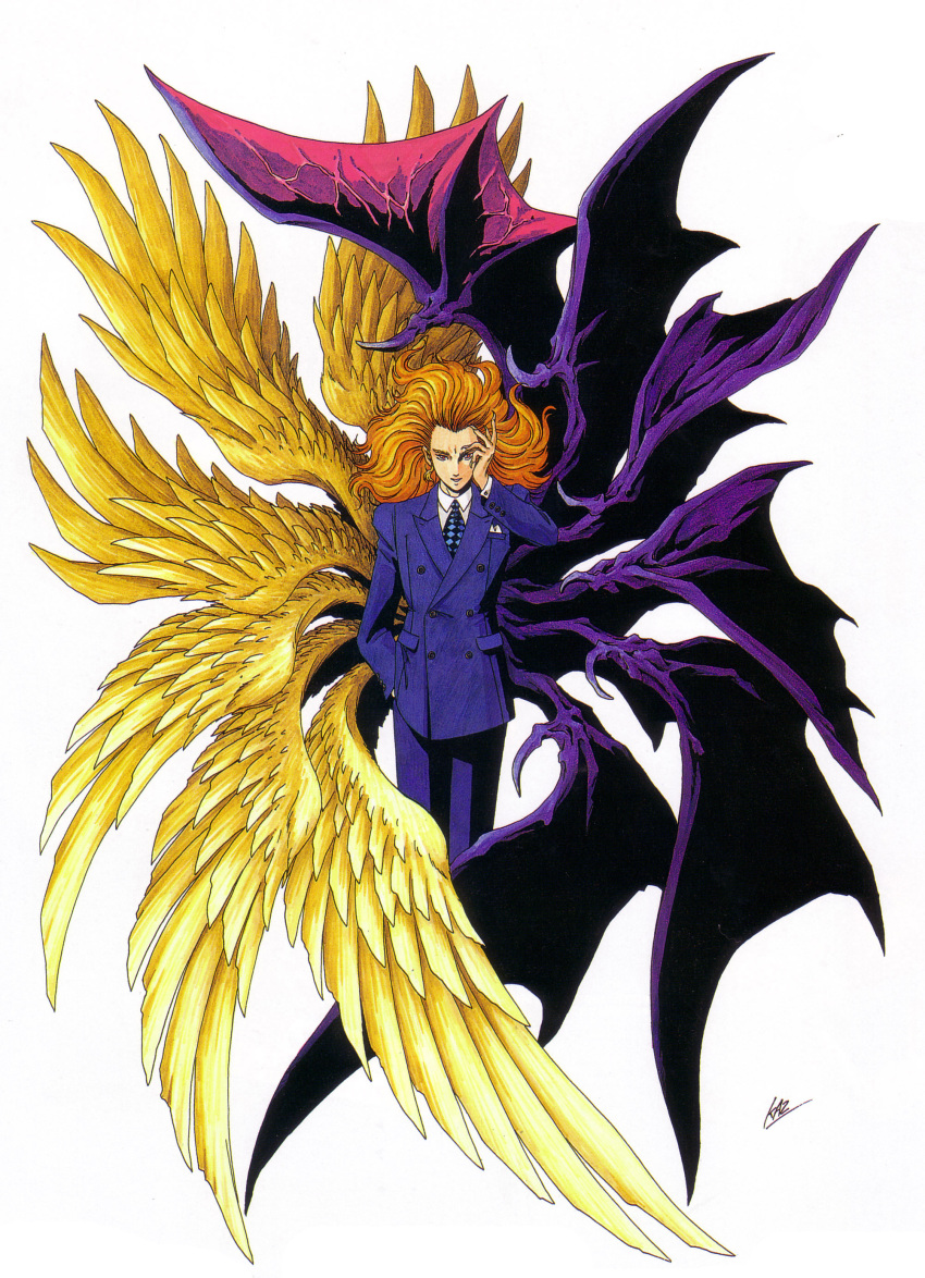 1boy, absurdres, angel_wings, artist_name, demon_wings, fallen_angel, fingernails, formal