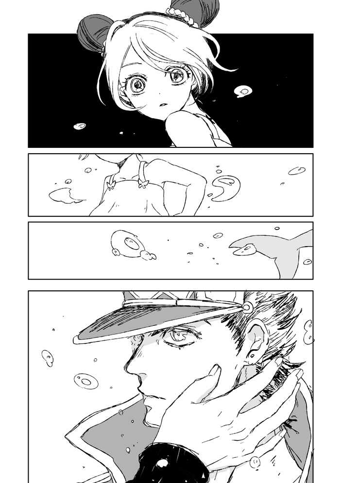 1boy, 1girl, air_bubble, braid, child, coat, comic, dolphin
