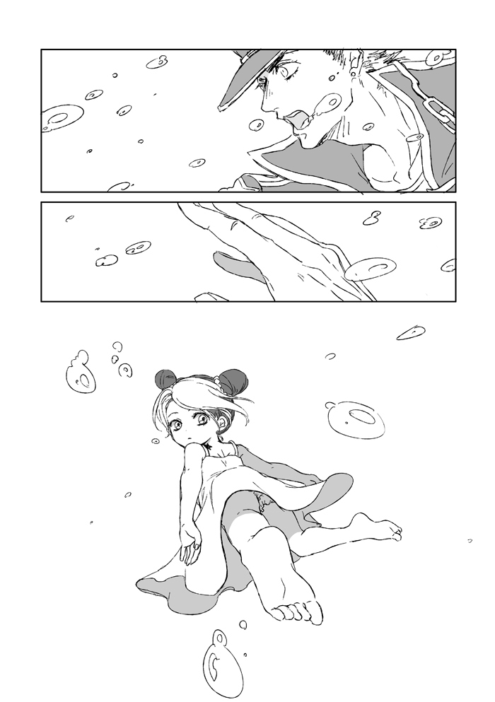 1boy, 1girl, air_bubble, barefoot, braid, chain, child, coat