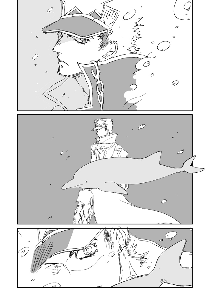 1boy, air_bubble, chain, coat, comic, dolphin, earrings, hands_in_pockets