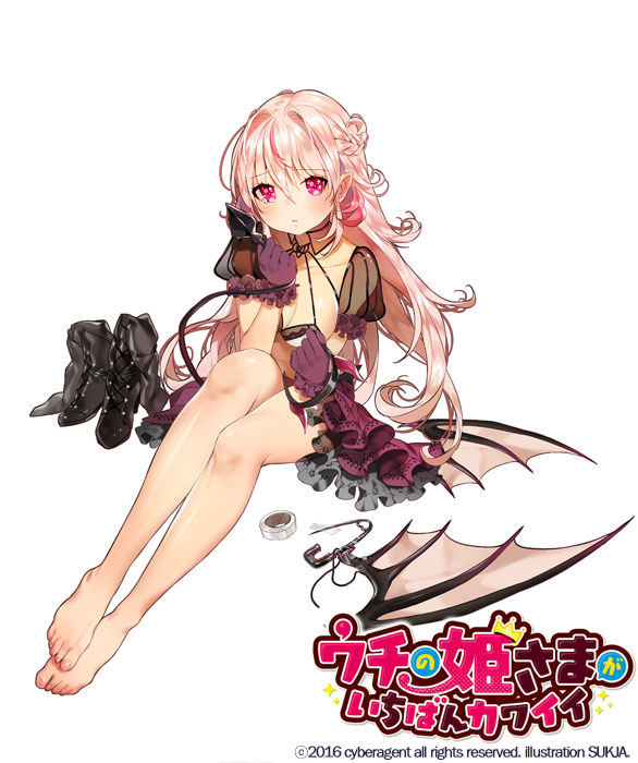 1girl, barefoot, boots_removed, breasts, cleavage, copyright_name, gloves, hairband_removed, long_hair, looking_at_viewer, pink_eyes, pink_hair, pointy_ears, purple_gloves, sitting, solo, sukja, uchi_no_hime-sama_ga_ichiban_kawaii, wings_removed