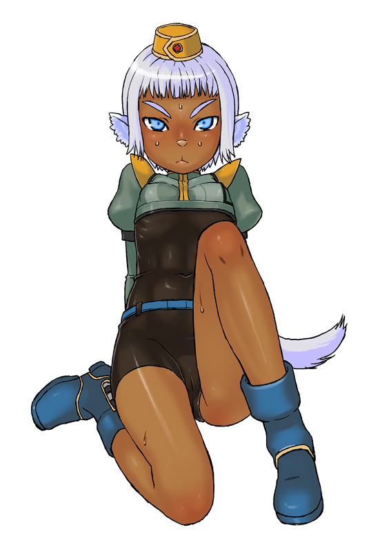 animal_ears, blue_eyes, blush, boots, dark_skin, hat, phantasy_star, phantasy_star_universe