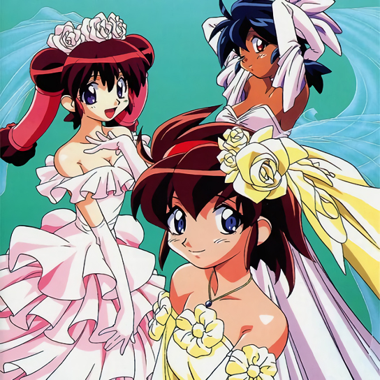 3girls, 90s, aqua_background, arms_up, artist_request, bare_shoulders, bloodberry_(saber_r), blue_eyes, blue_hair, breasts, bridal_veil, bride, brown_hair, cherry_(saber_r), cleavage, dark_skin, dress, elbow_gloves, flower, gloves, hair_flower, hair_ornament, hairband, jewelry, lime_(saber_r), looking_at_viewer, multiple_girls, necklace, o, official_art, one_eye_closed, red_eyes, redhead, saber_marionette_r, short_hair, simple_background, smile, twintails, veil, wedding_dress