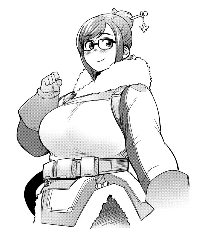 1girl, blush, breasts, coat, fukumaaya, gloves, hair_bun, hair_ornament