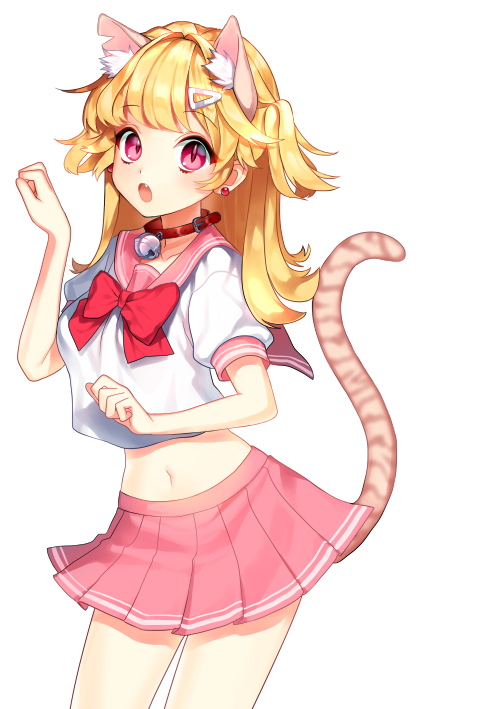 1girl, animal_ears, bell, bell_collar, blonde_hair, bow, collar, crop_top