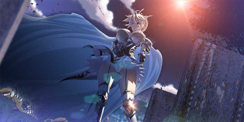 1girl, armor, blonde_hair, breasts, cape, cleavage, crown, dutch_angle