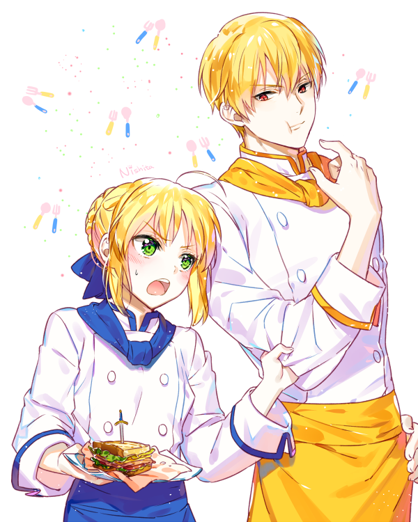 1boy, 1girl, ahoge, blonde_hair, blush, braid, chef, double-breasted