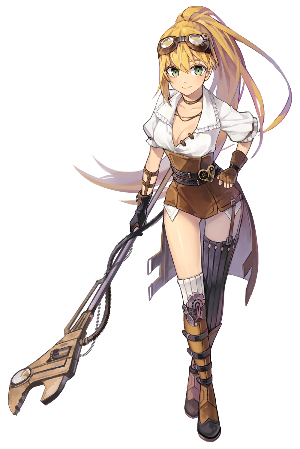 1girl, belt, blonde_hair, breasts, cleavage, corset, crossed_legs, fingerless_gloves