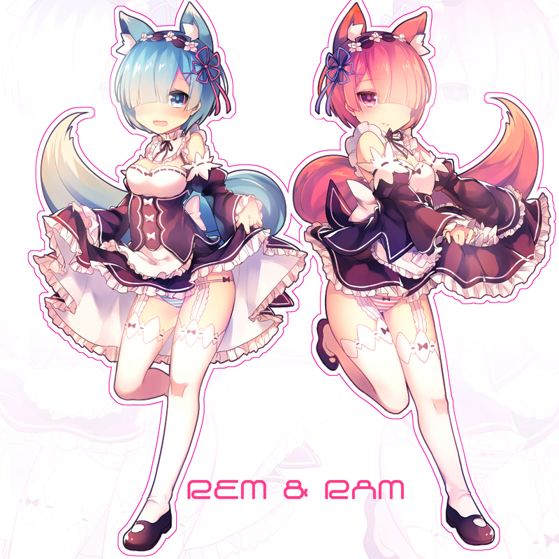 2girls, animal_ears, apron, blue_eyes, blue_hair, blush, bow, breasts