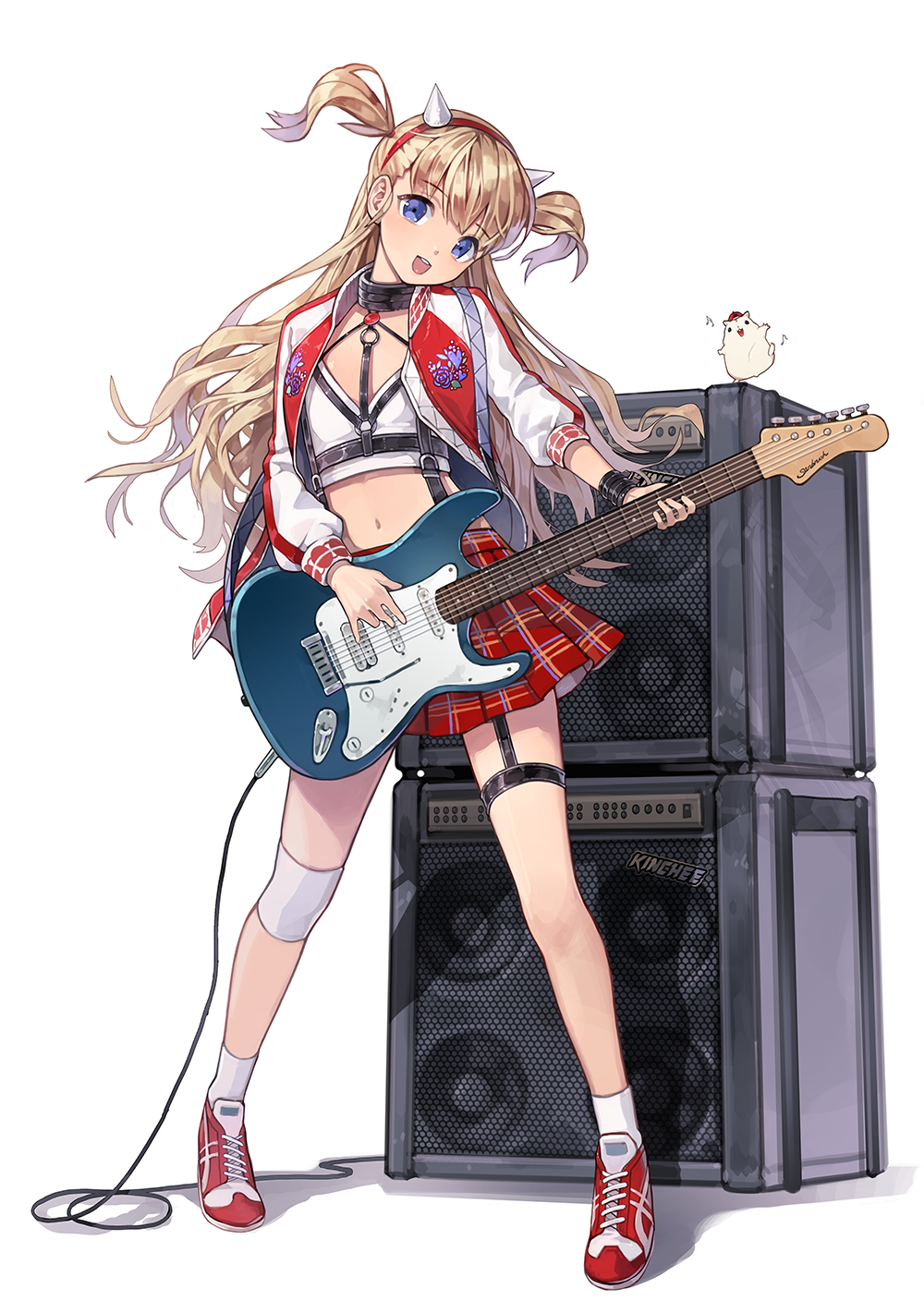 1girl, :d, bangs, blue_eyes, collar, electric_guitar, fake_horns, full_body