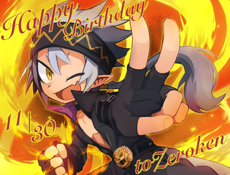 1boy, character_name, dated, disgaea, fingerless_gloves, fire, gloves, grey_hair