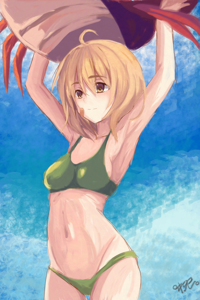 1girl, ahoge, alternate_costume, armpits, arms_up, bandaid, bandaid_on_face, bare_shoulders