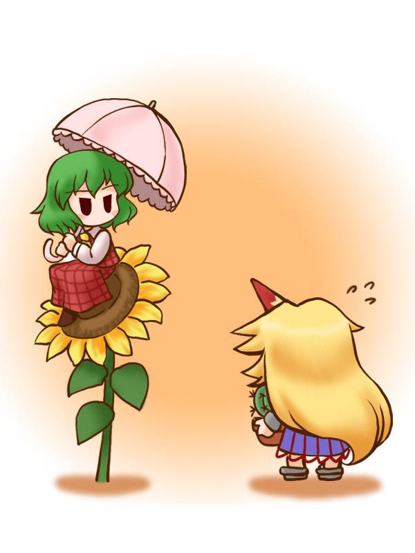 2girls, ascot, blonde_hair, blush_stickers, cactus, chibi, commentary_request, cuffs