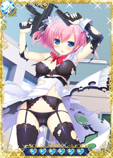 1girl, black_bra, black_legwear, black_panties, blue_eyes, bra, card_(medium), garter_belt