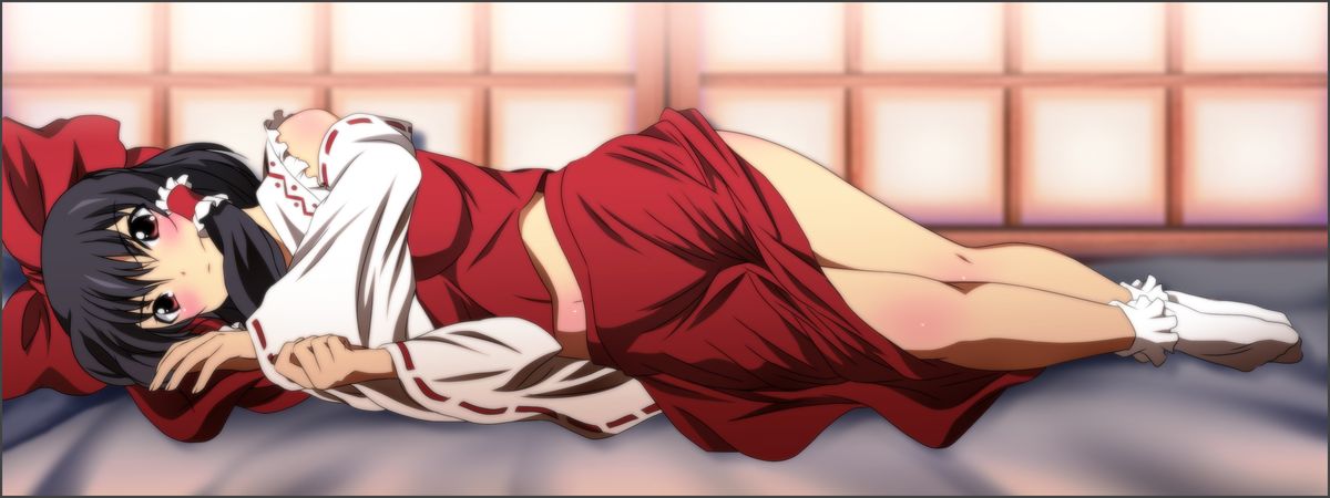 1girl, black_hair, bow, brown_eyes, detached_sleeves, hair_bow, hair_ornament, hakurei_reimu, indoors, long_hair, lying, midriff, navel, on_side, red_bow, red_eyes, red_skirt, skirt, smie, solo, touhou, yadokari_genpachirou