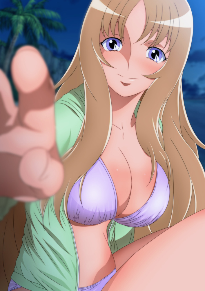1girl, aquila_yuna, beach, bikini, blue_eyes, blurry, breasts, brown_hair