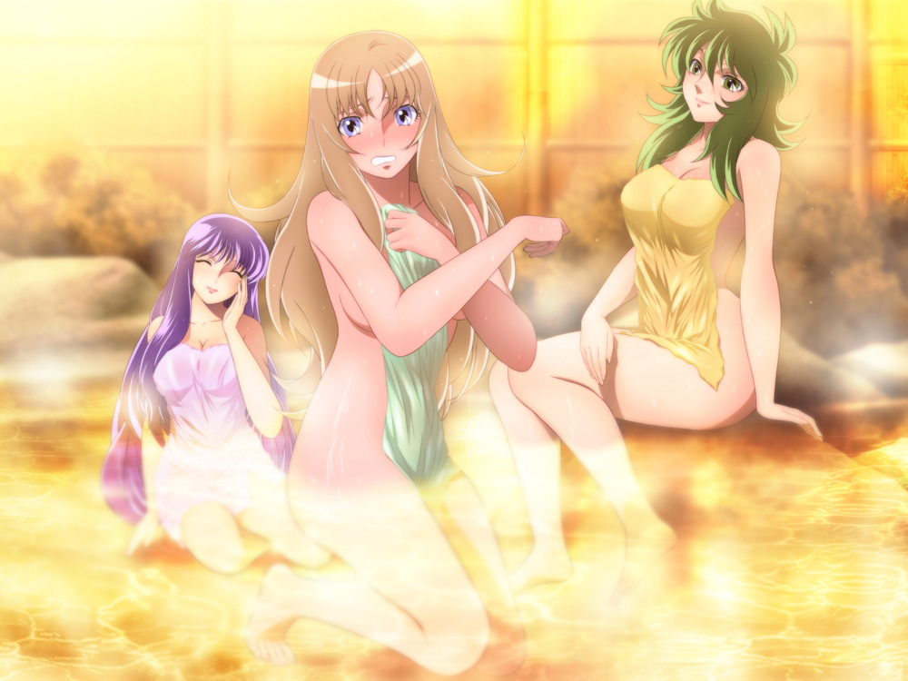 3girls, aquila_yuna, blue_eyes, breasts, brown_hair, cleavage, closed_eyes, embarrassed