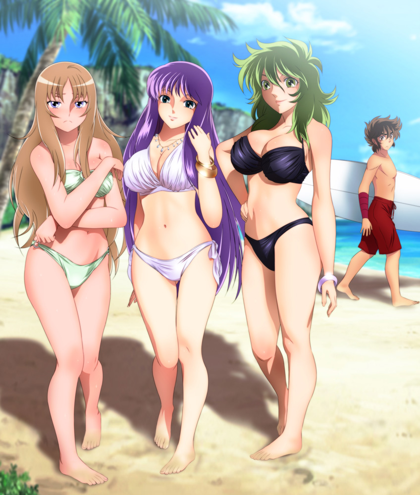 1boy, 3girls, aquila_yuna, beach, bikini, black_bikini, blue_eyes, breasts