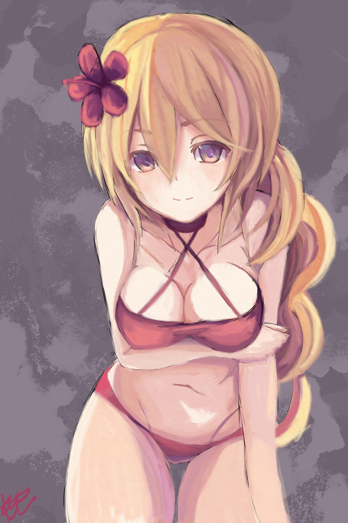 1girl, adapted_costume, alternate_costume, bare_arms, bare_shoulders, bikini, blonde_hair, breast_hold