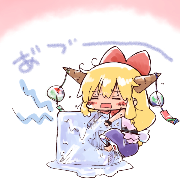 blonde_hair, blush, closed_eyes, horn_ornament, horns, ibuki_suika, ice, ice_cube