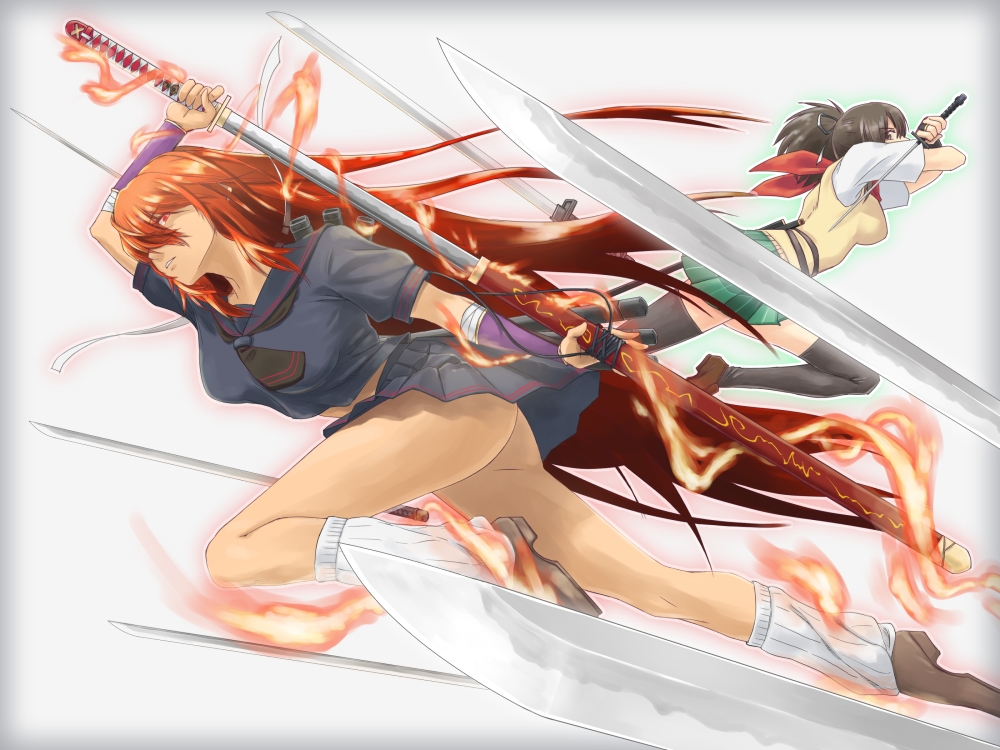 2girls, ass, asuka_(senran_kagura), battle, black_eyes, black_hair, black_legwear, black_serafuku, black_skirt, bracer, breasts, commentary_request, fire, green_skirt, homura_(senran_kagura), katana, long_hair, looking_at_another, medium_breasts, multiple_girls, no_panties, pleated_skirt, ponytail, red_eyes, redhead, sasasayama, scabbard, school_uniform, senran_kagura, senran_kagura_(series), serafuku, sheath, short_sleeves, skirt, socks, sweater_vest, sword, thigh-highs, unsheathing, wakizashi, weapon, white_legwear