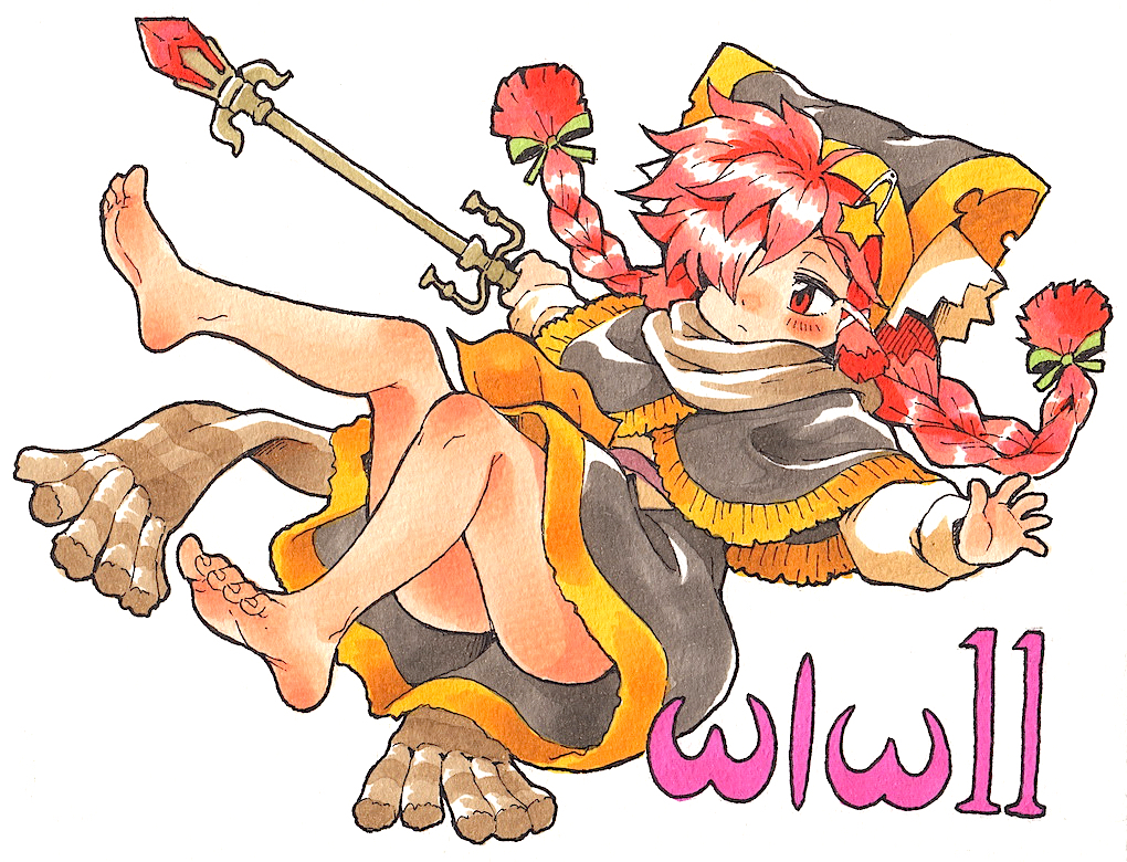 1girl, barefoot, blush, braid, cape, dress, feet, full_body