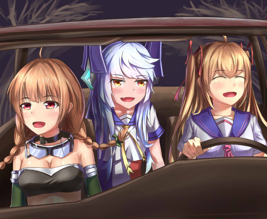 3girls, :d, bare_shoulders, blush, braid, brown_hair, closed_eyes, collar