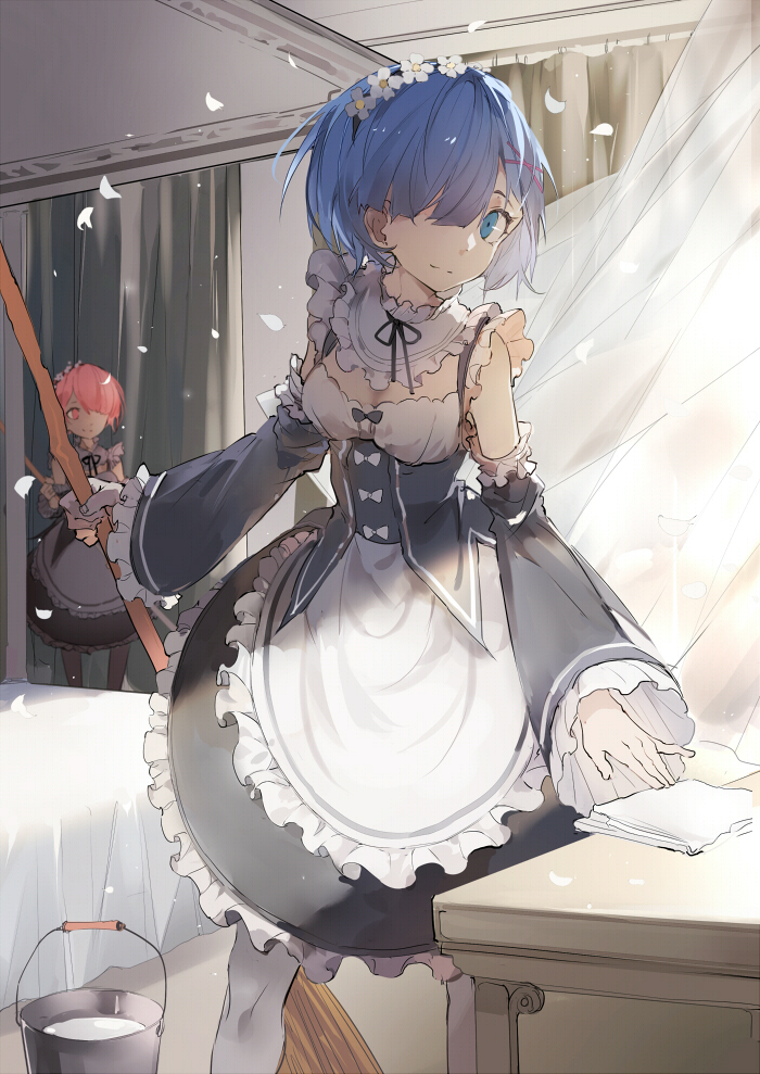 2girls, apron, black_dress, blue_eyes, blue_hair, broom, detached_sleeves, dress