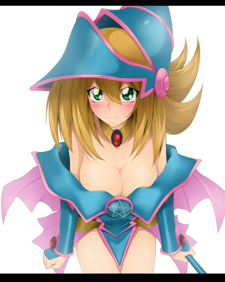 1girl, bare_shoulders, blonde_hair, blush, blush_stickers, boots, breasts, choker, cleavage, dark_magician_girl, duel_monster, green_eyes, hat, highres, large_breasts, long_hair, love_(pspdspsp), pentacle, solo, staff, wizard_hat, yuu-gi-ou, yuu-gi-ou_duel_monsters
