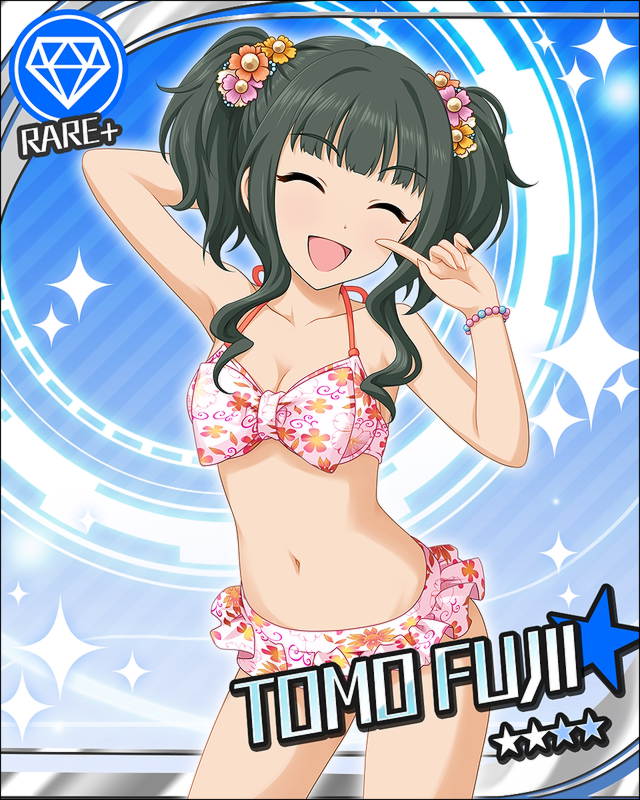 1girl, ^_^, arm_up, armpits, artist_request, bikini, black_hair, blue_background