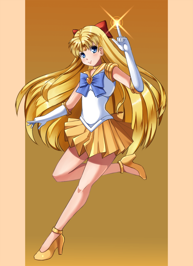 1girl, bishoujo_senshi_sailor_moon, blonde_hair, blue_eyes, hair_ribbon, razorkun, sailor_venus, skirt