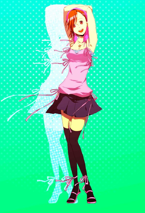 arms_up, bandana, black_legwear, black_thighhighs, camisole, devil_survivor_(series), devil_survivor_1, hairband, jewelry, legs, necklace, oekaki, orange_hair, pleated_skirt, ramu, ramu_(jamink), ribbon, sandals, skirt, smile, star, tanigawa_yuzu, thigh-highs, thighhighs, tiptoes, zettai_ryouiki