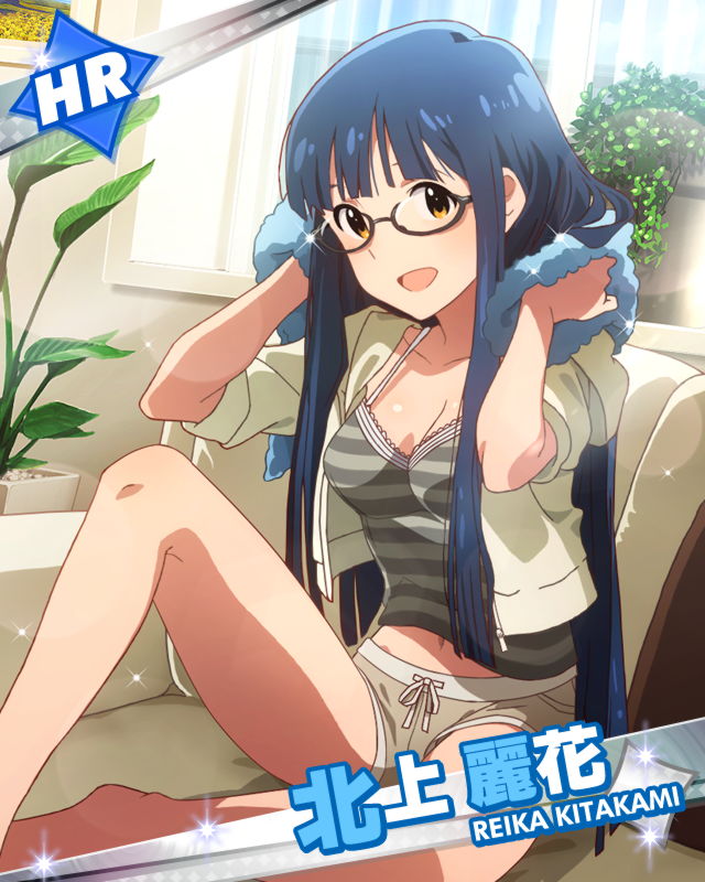 blue_hair, blush, character_name, dress, glasses, idolmaster, idolmaster_million_live!, kitakami_reika, long_hair, red_yes, smile, towel