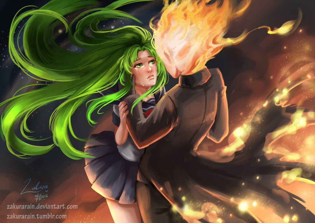 crying, demon, flame, flame_demon, green_eyes, green_hair, midori_gurin, romance, school_uniform, yandere_simulator, zakurarain