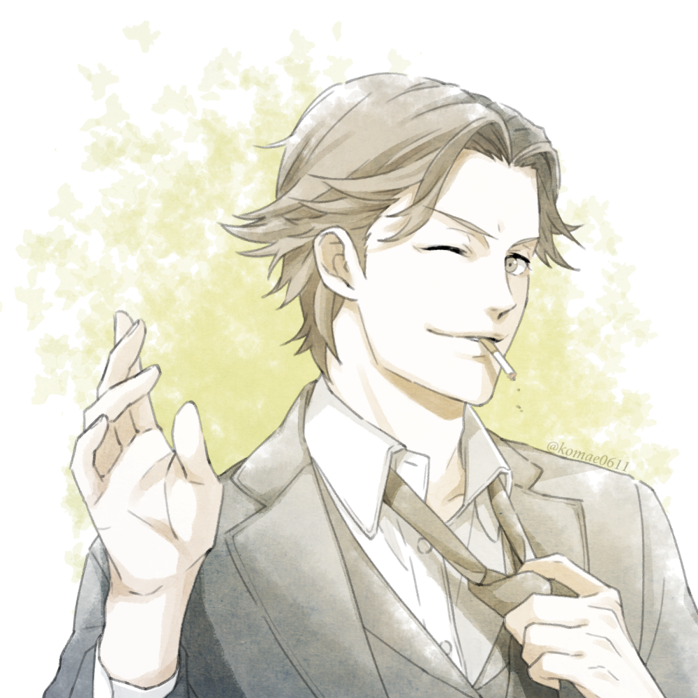 1boy, adjusting_clothes, adjusting_necktie, amari_(joker_game), brown_hair, cigarette, formal, joker_game