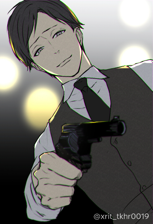 1boy, black_hair, black_necktie, from_below, grey_eyes, gun, holding, holding_gun, holding_weapon, jitsui_(joker_game), joker_game, male_focus, necktie, riyuta_(777555333), smile, solo, waistcoat, weapon